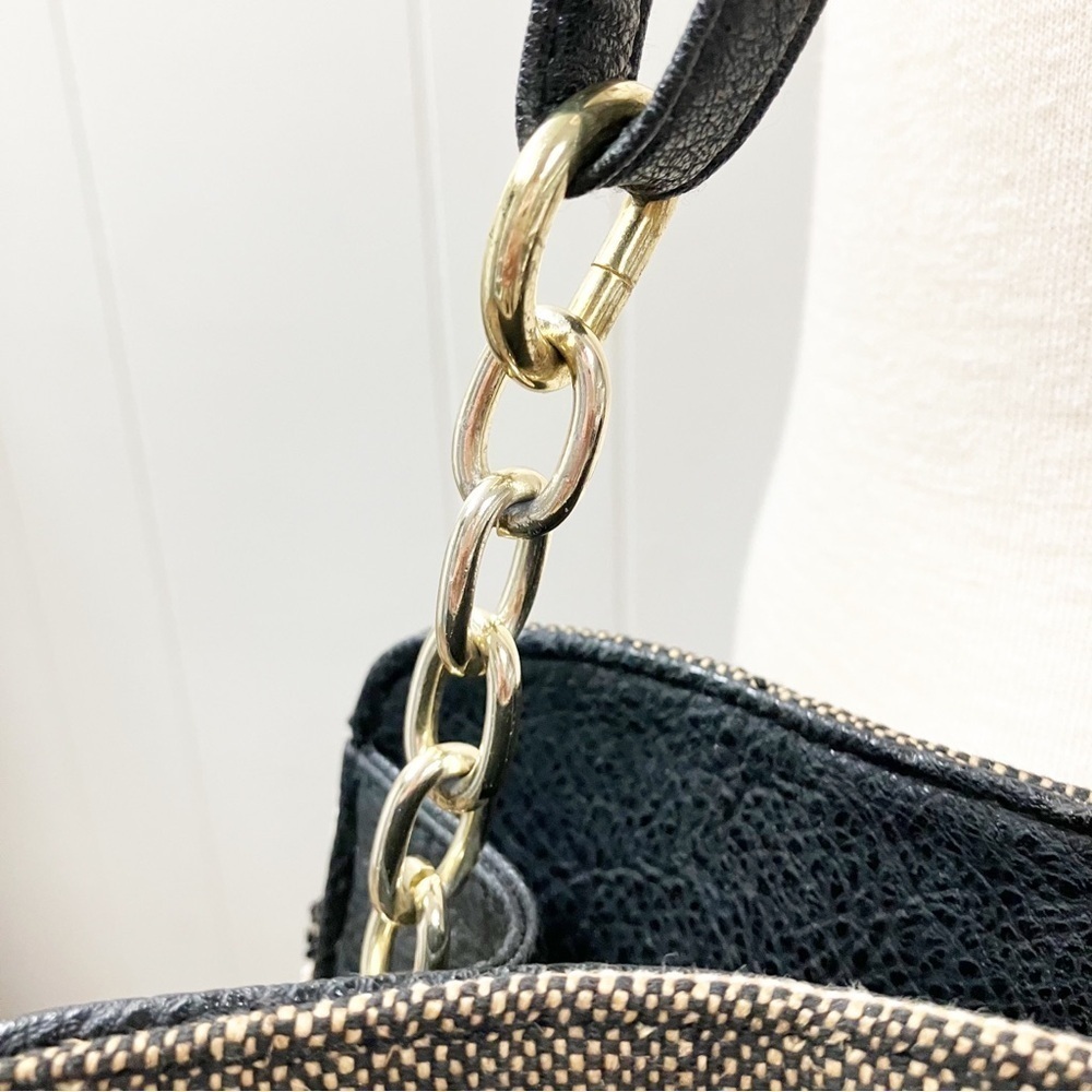 Striped Canvas Faux Leather Satchel Purse Adjustable Strap Double Handles Pocket - Picture 9 of 13